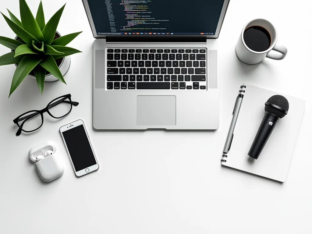 Schreibtisch mit Laptop, Mikrofon, Notizblock, Smartphone und Kaffeetasse – Symbolbild für technische Lösungen.