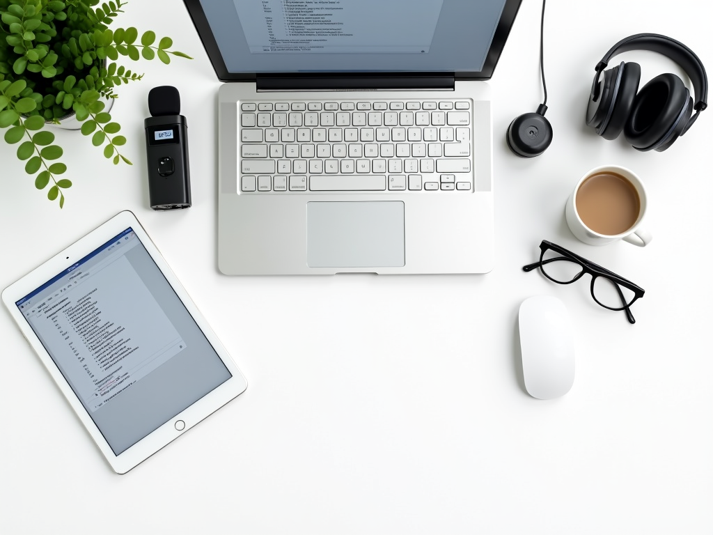 Schreibtisch mit Laptop, Tablet, Kopfhörern, Mikrofon und Notizen – Symbolbild für Transkription.